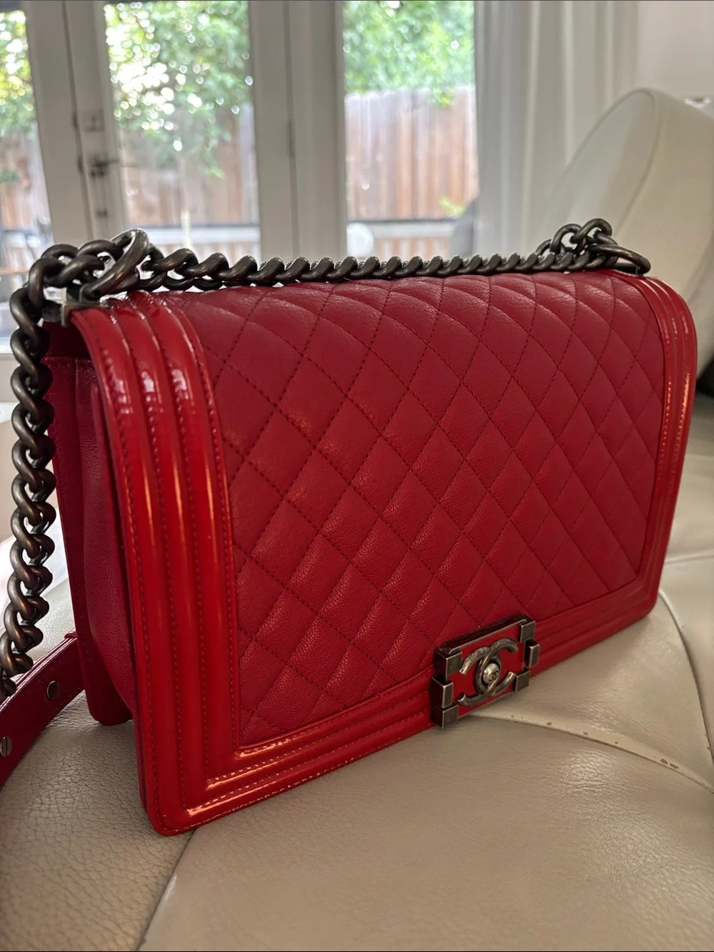 CHANEL Boy Red Quilted Leather Shoulder Bag with Chain Strap- Medium